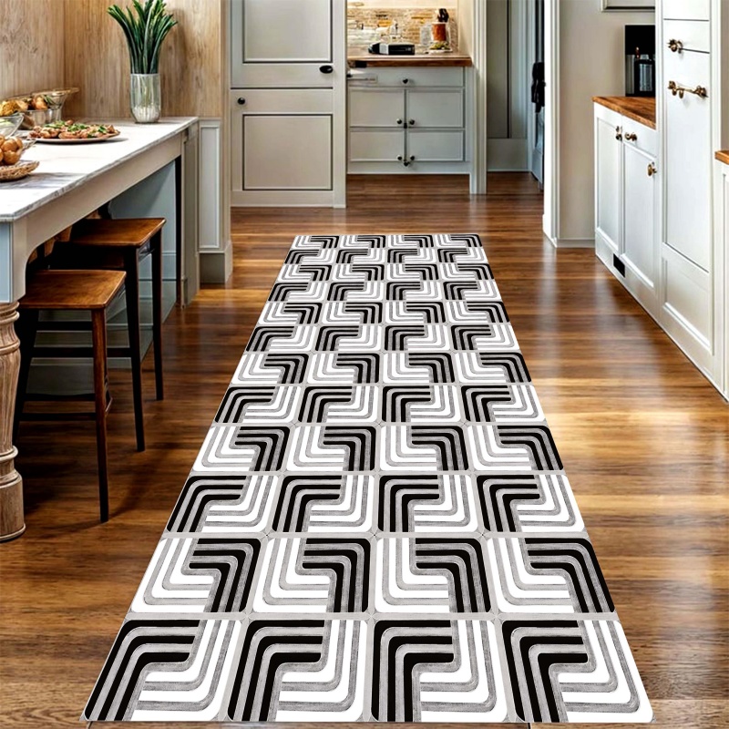 Commercial Kitchen Layout Design - Black White Geometric Curve Long Floor